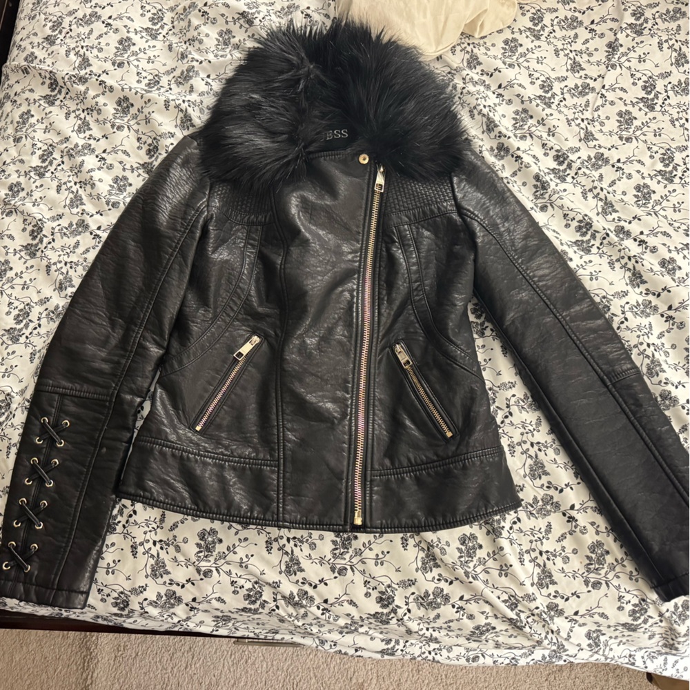 Guess Black Leather Jacket with Faux Fur Trim